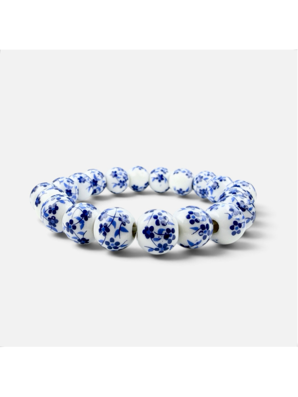 Blue White Floral Porcelain Bead Stretch Bracelet, Vintage Style Cottagecore
